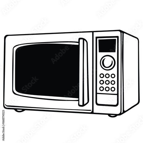 Illustration of a modern microwave oven with a sleek design, showcasing its control panel and door, set against a minimalistic kitchen background