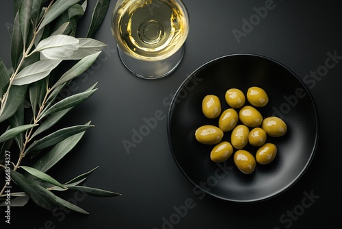 A Glass of Wine and Olives on a Textured Background