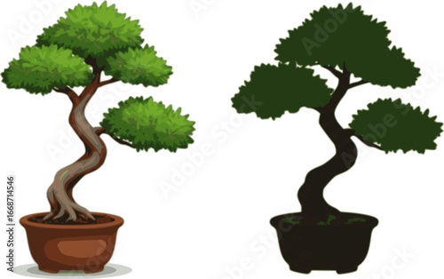 Miniature bonsai tree realistic potted plant decor clipart illustration
