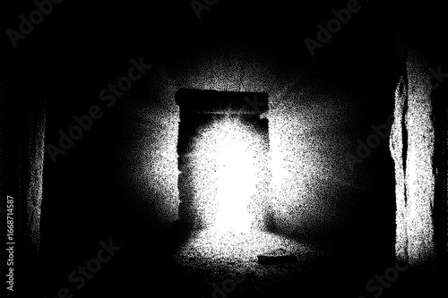 Ancient ruins in sci-fi scene with dotwork retro style. Mysterious gate debris with dramatic lights and retro texture