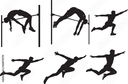 Silhouettes of athletes performing high jump and long jump in various stages