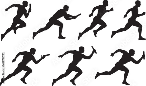 Silhouettes of runners in a relay race, passing a baton, in motion