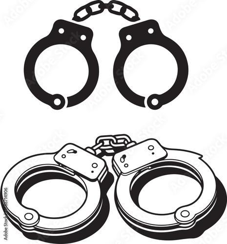 Two sets of black and white handcuffs, one above the other, on a white background
