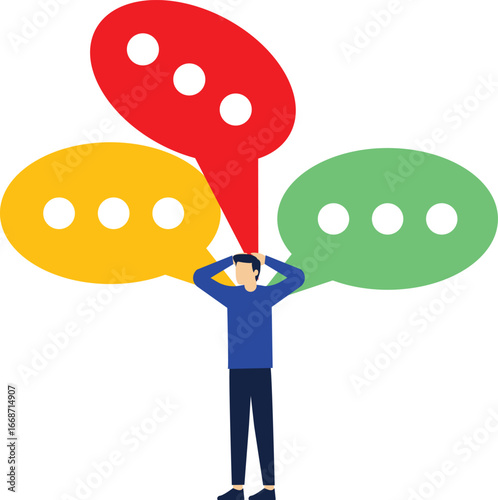 Message alerts, message harassment, annoying spam, useless online socializing, marketing ads pushed, countless speech bubbles harassing businessmen

