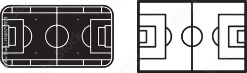 Two stylized soccer fields, one black and white, one outline