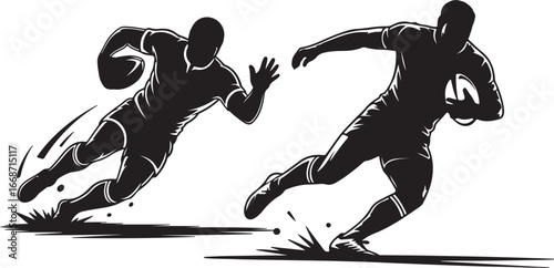Dynamic Black and White Silhouettes of Rugby Players in Action