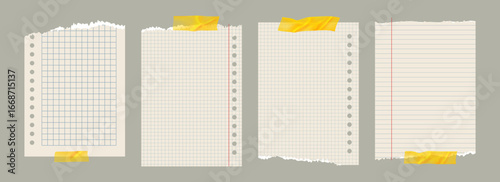 Copybook Notebook Notepad Torn Paper with Washi Tape Strip Grid Lined Squared Plan Page Ripped Paper Vector Set