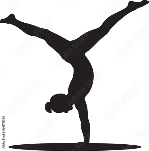 Silhouette of a female gymnast performing a handstand on a white background