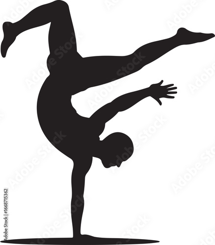 Silhouette of a male gymnast performing a handstand with legs extended in a split