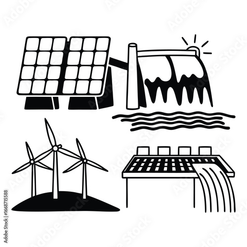 Renewable Energy Sources Solar Panels, Wind Turbines, and Hydro Power in a Sustainable Landscape