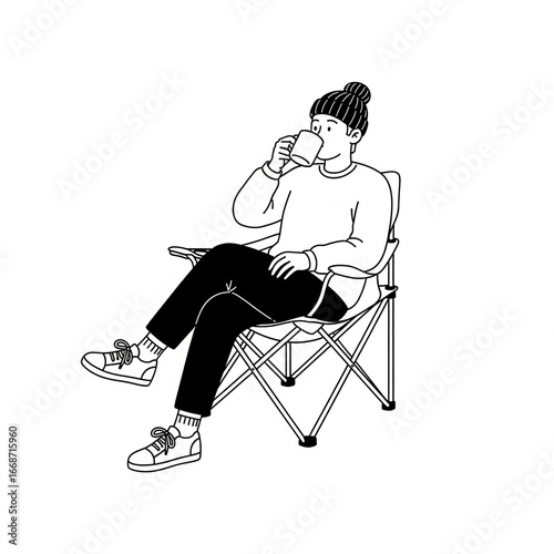 A man wearing a beanie, sitting on a camping chair and drinking coffee, black line drawing, black and white image.