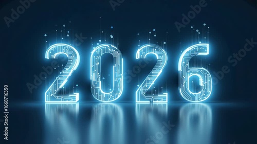 New Year 2026. Glowing neon numbers 2026 with digital circuit effect and reflection on dark background.
