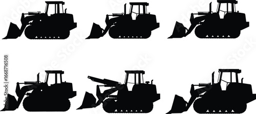 Bulldozer and loader silhouette set, heavy construction machinery illustration, industrial earthmoving equipment design, building site vehicle clipart, engineering transport vector