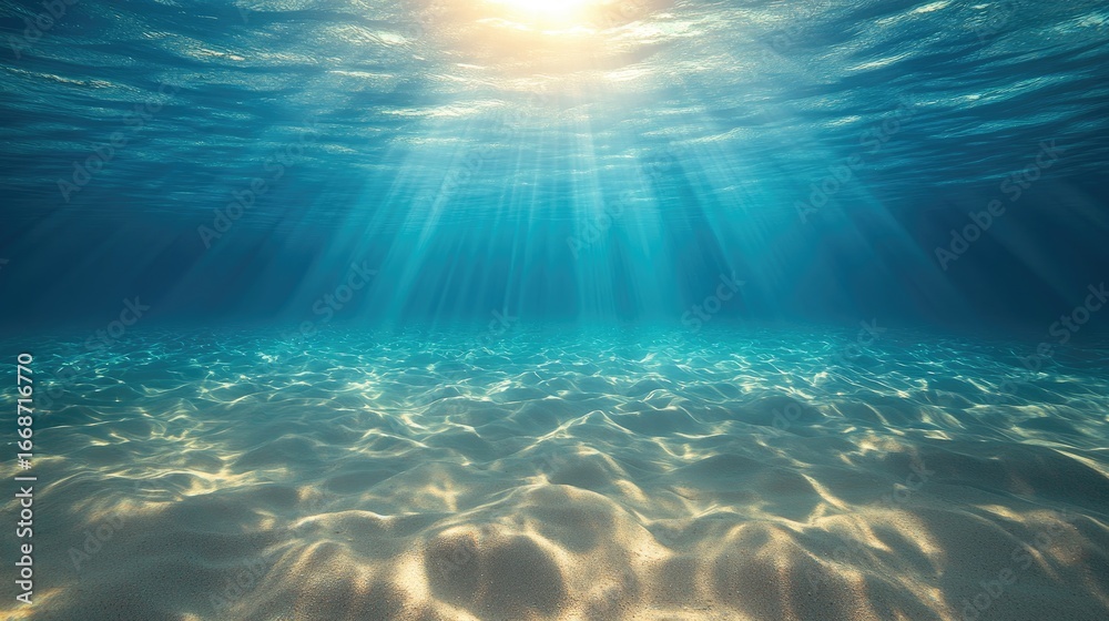 Obraz premium Sunlight streams through serene, deep blue water, illuminating the sandy bottom, creating a tranquil underwater scene.