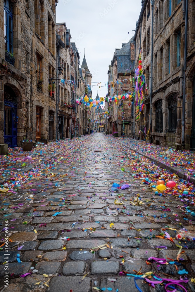 Fototapeta premium Celebration Aftermath: Cobblestone Street Covered in Colorful Confetti and Balloons in Dinan, France