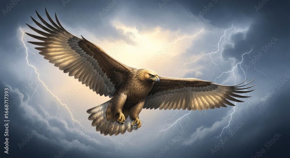 Fototapeta premium Majestic Golden Eagle Soaring Through Stormy Skies with Lightning Flashes