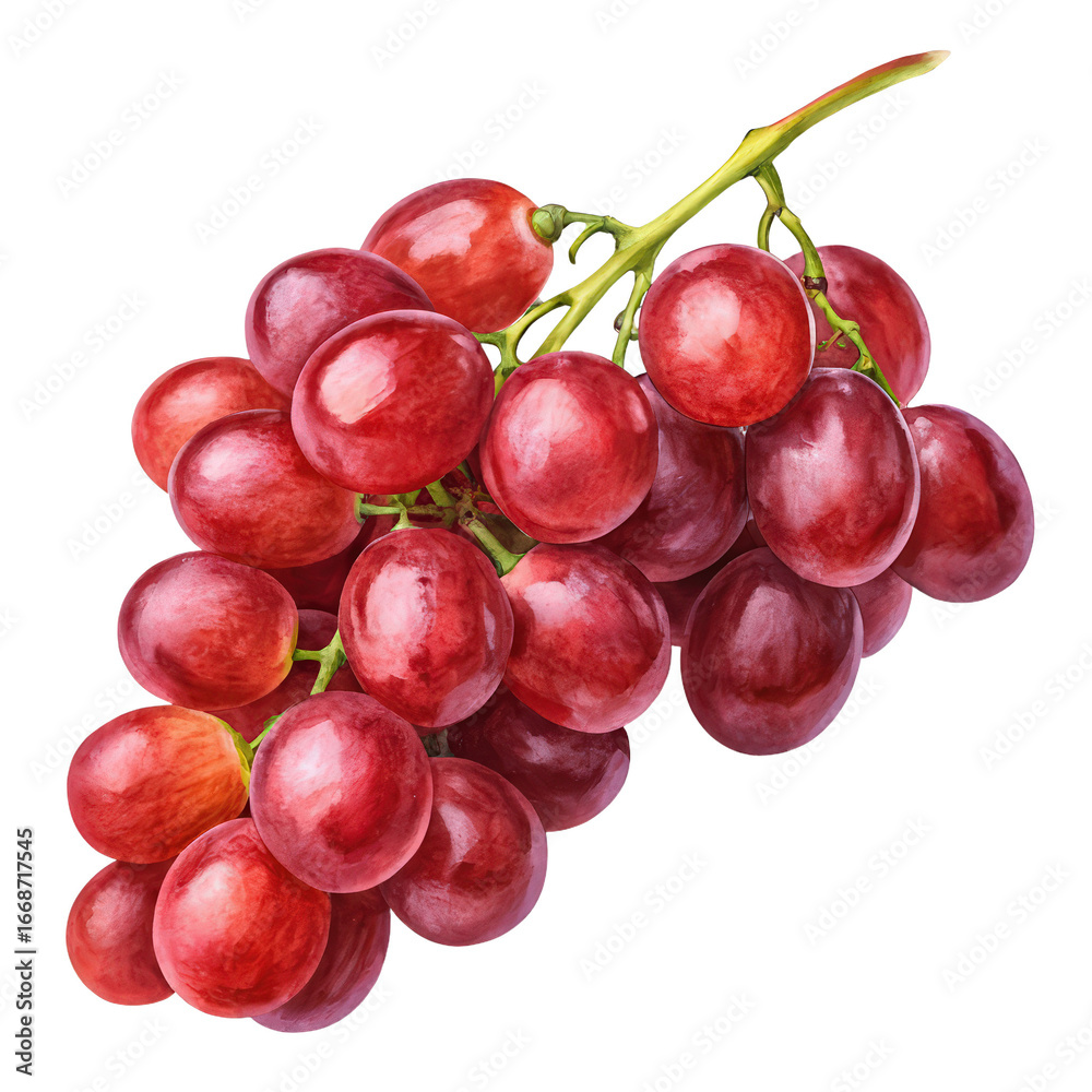 Fototapeta premium Red grapes isolated on transparent background png, fresh juicy grapes png, fruit illustration png, healthy snack image png, bunch of grapes png, grape cluster transparent png, natural food png