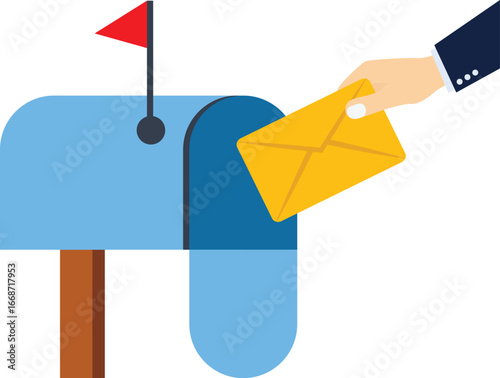 Hand of person putting envelope in open mailbox. Character sending letter flat vector illustration. Communication, correspondence, newsletter, mail concept for banner, website design or landing page

