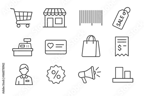 Simple retail and shopping icons set, thin line style, minimal vector illustration