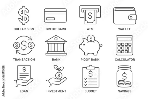 A set of minimalist line icons for finance and banking, including money, transactions, and investments