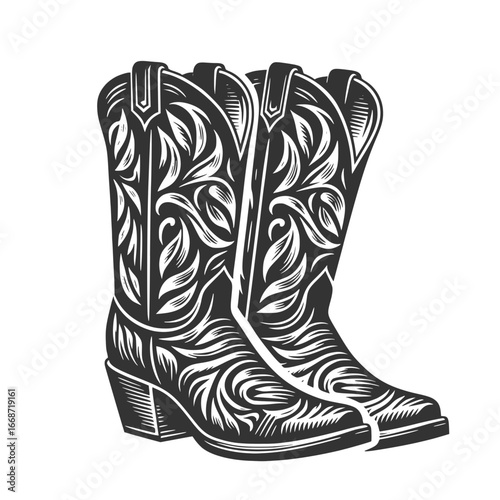 Cowboy Boots Illustration: An exquisite, meticulously detailed monochrome illustration of a pair of classic cowboy boots, showcasing the intricate artistry of western footwear.