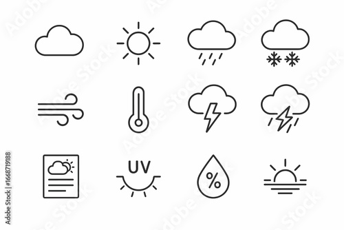 A set of minimalist line icons for weather forecasting and atmospheric conditions, including sun, clouds, and wind