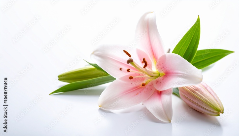 Naklejka premium Easter White Lily, Fresh spring white lilies with green leaves on white background, flat lay, top view, copy text space