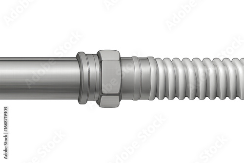 Threaded straight fitting joining smooth pipe to corrugated hose on transparent background for corrugated hose connections