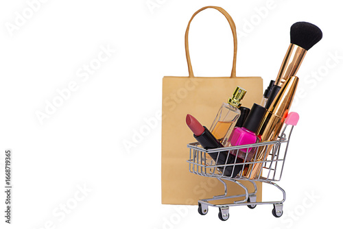 Set of cosmetics in a shopping cart on sale, white background