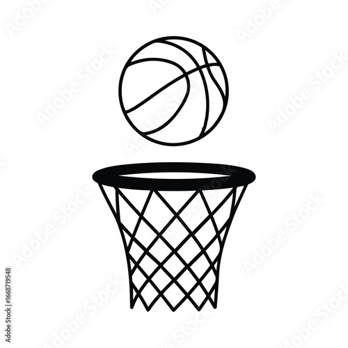 Doodle style basketball hoop and ball ready for a slam dunk iconic sports action line art