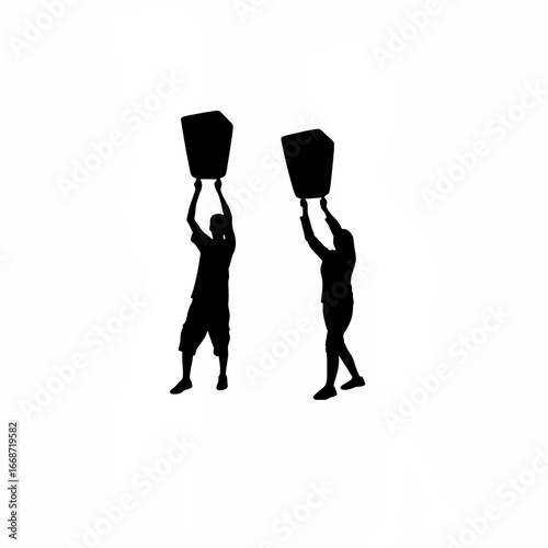 Silhouette of volunteers releasing lanterns at night isolated on white background