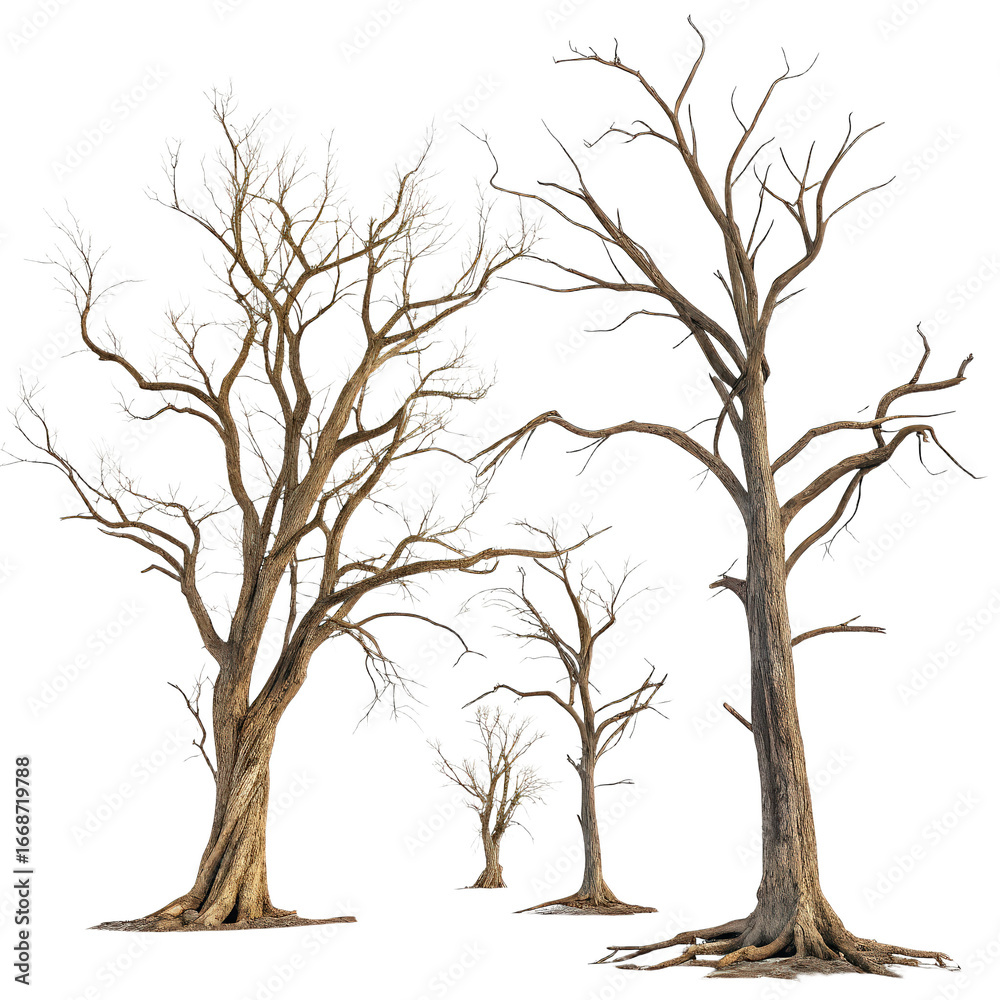 Obraz premium Set of dead trees with branches isolated on transparent or white background png barren tree collection png leafless branches png nature decay png transparent image of deadwood png