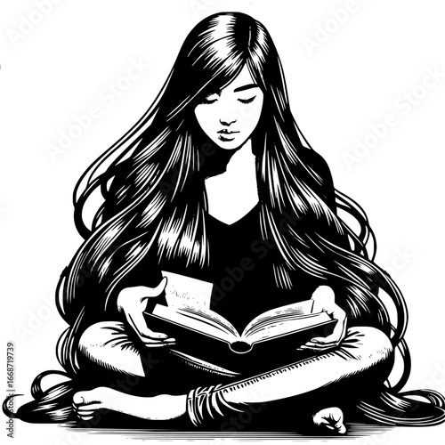 Literary Luminary: An Asian girl with long flowing hair is engrossed in the pages of a book, seated in a moment of quiet reflection.