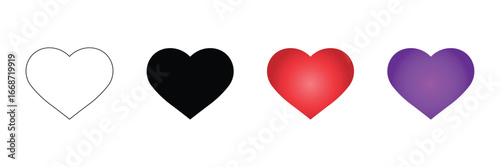 Heart icon set vector illustration, love symbol collection, romance design, Valentine’s Day decoration, emotional care, relationship, wedding, charity.