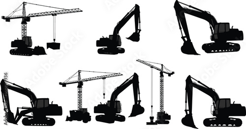 Excavator silhouette, tower crane silhouette, heavy equipment vector, construction machinery art, building site machine, industrial equipment graphic, digger and crane illustration