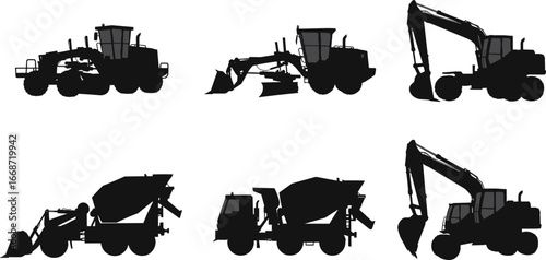 Heavy construction vehicles vector set with grader, backhoe loader, cement mixer truck, excavators, bulldozer, and earthmoving machinery silhouettes for building and industrial projects.