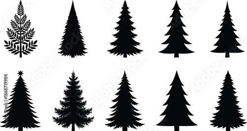 Christmas Tree Silhouettes Collection – Pine, Fir, Holiday, Decorative and Stylized Black Vector Trees for Winter and Festive Design