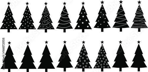Christmas tree silhouettes set, decorated festive trees with stars and ornaments, black vector icons, holiday symbol, winter celebration design