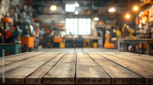 A weathered wooden table top sits in front of a blurred industrial workshop scene.