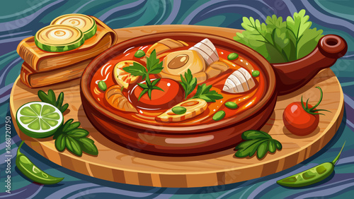   Very beautiful  Delicious serving of bacalao dish served on wooden plate. Spanish tapas with tomato sauce. Fresh parsley garnish. Traditional mediterranean cuisine meal, perfect for dinner in restau