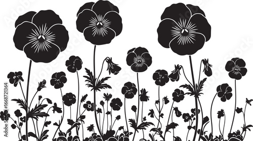 Black silhouette of pansy flowers and leaves on a white background floral botanical