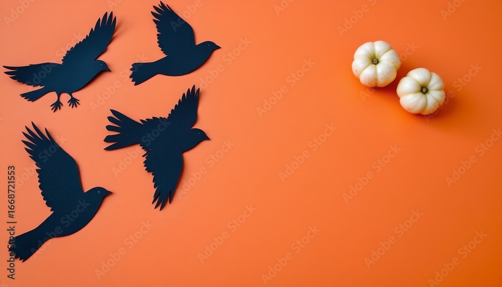 Fototapeta premium The image is set against a vivid orange background. In the upper right corner, two small, white gourds are placed