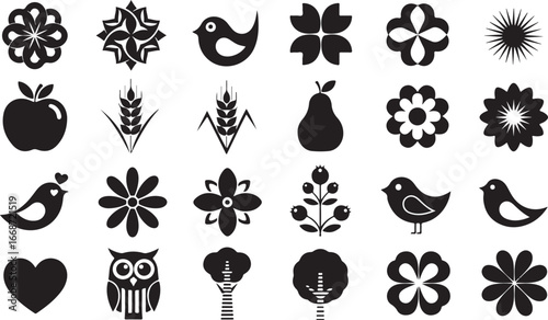 Collection of black silhouette icons including flowers birds apple pear owl wheat heart trees