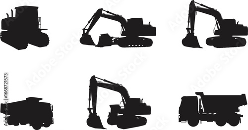 Bulldozer, excavator, and dump truck silhouette vector set for construction site, mining, earthmoving, industrial vehicles, and heavy equipment design