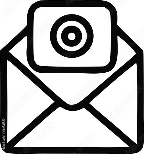 Modern email icon featuring a simple outline of an open envelope with a camera lens symbol inside for digital communication and messaging