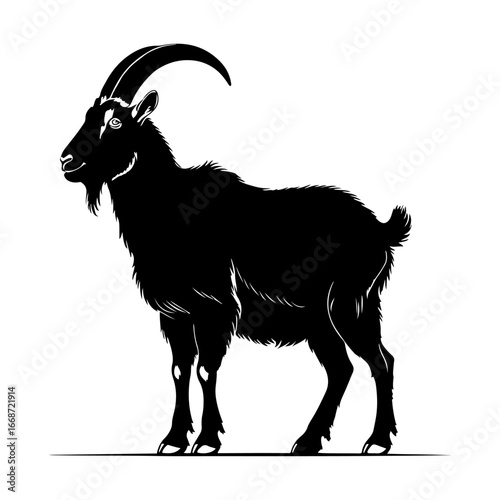 Goat illustration in black and white style, suitable for antique engraving art, t-shirt prints, and souvenir designs.