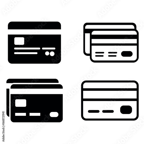 Illustration of multiple credit cards displayed in a simple black and white graphic format style design