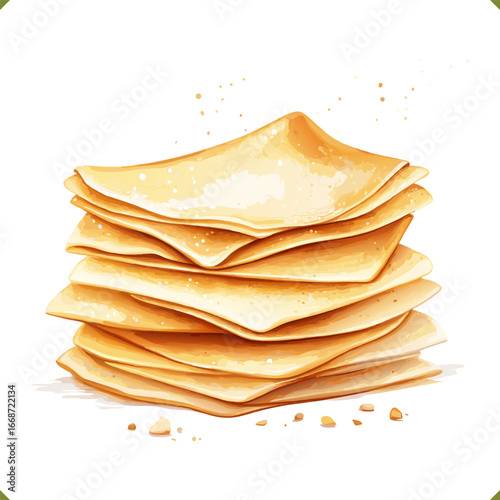 Vector illustration of folded crepes stacked in a pile with crumbs, watercolor style, isolated on a white background