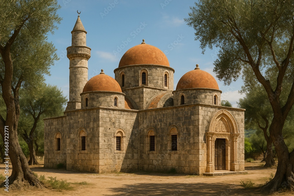 Fototapeta premium Stone mosque with orange domes and minaret among olive trees