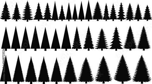 Pine tree silhouettes bundle, different conifer shapes, forest vector icons for Christmas, nature design, evergreen tree set collection